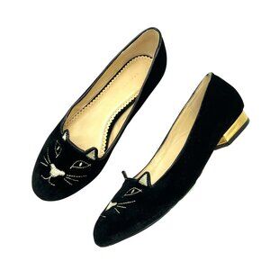 Charlotte Olympia Kitty Cat Black Velvet Flats Loafers Gold, EU 38 US 7.5-8